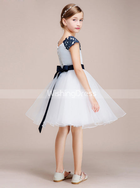 White Short Junior Bridesmaid Dresses,Simple Junior Party Dress,Flower Girl Dress with Belt,JB00027