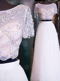 White Two Piece Elegant Prom Dress,Evening Dress with Beaded Bodice,Girl Graduation Dress PD00160
