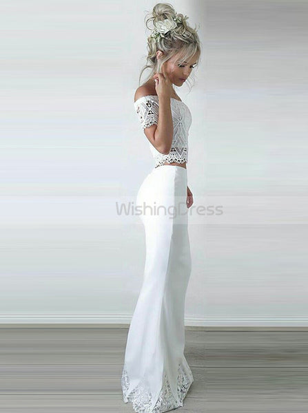 White Two Piece Evening Dress,Off the Shoulder Prom Dress,Evening Dress with Short Sleeves PD00097