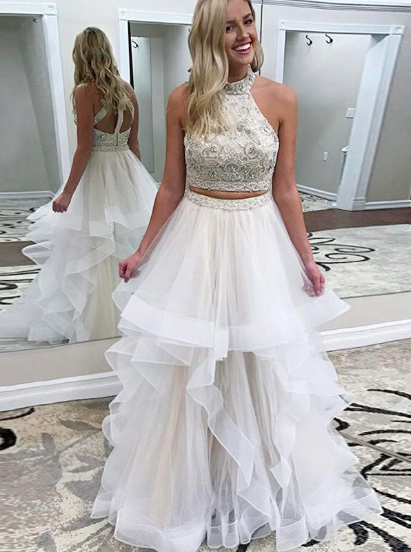 White Two Piece Ruffled Prom Dress,Tulle Prom Dress for Teens,Prom Dre