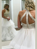 White Two Piece Ruffled Prom Dress,Tulle Prom Dress for Teens,Prom Dress with Beaded Bodice PD00170
