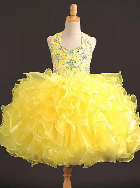 Yellow Halter Little Girls Cocktail Dresses,Organza Cupcake Pageant Dress,GPD0043