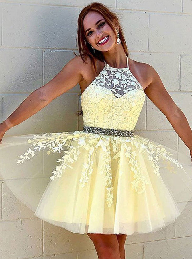 Yellow High Neck Homecoming Dress,A-line Princess Sweet 16 Dress,HC00217 US16 / Picture Color